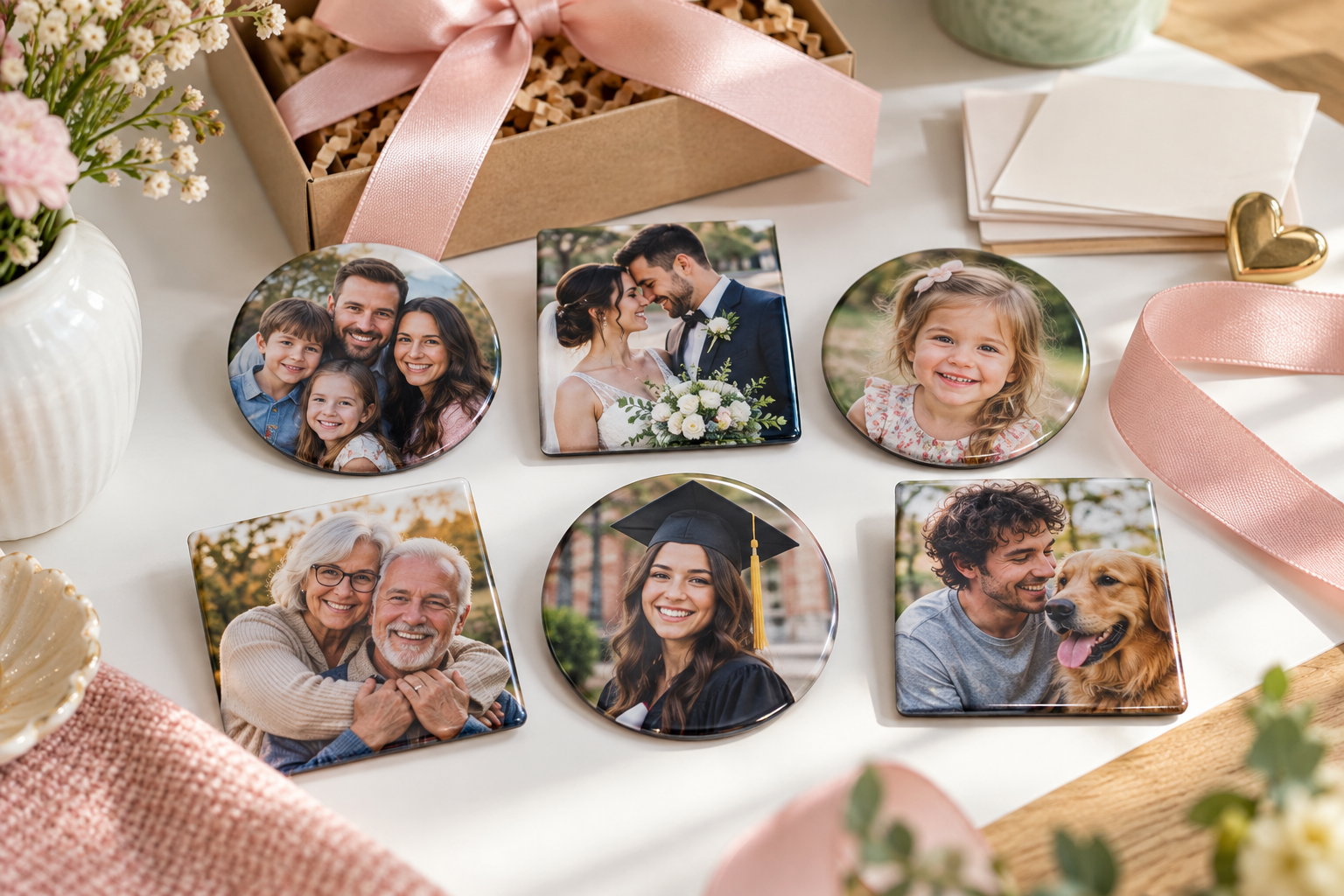 Personalized photo magnets showing family, wedding, child, graduation, grandparent, and pet memories