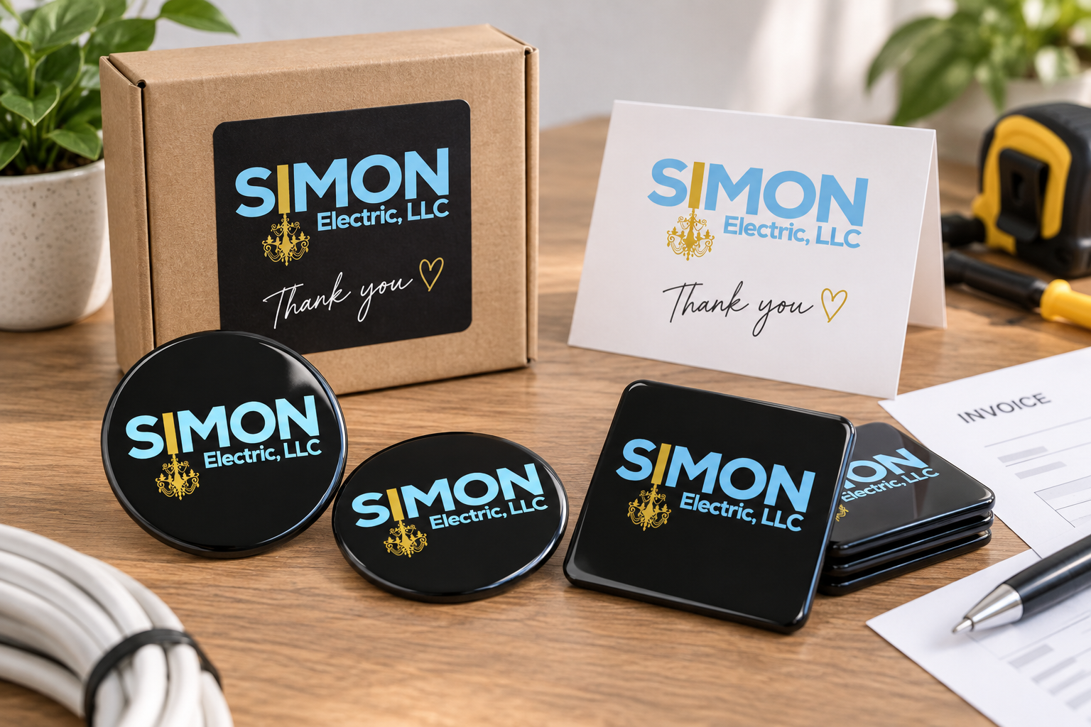 Simon Electric sample business magnets displayed with cards and thank-you packaging